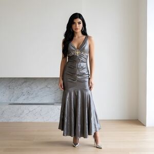 May Queen Gun Metal Gray Metallic Mermaid Prom Dress Sz 10 Ruched Stretch Beaded